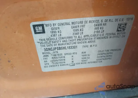 2017 Chevrolet Trax Lt from USA, damaged, VIN 3GNCJPSB6HL183301